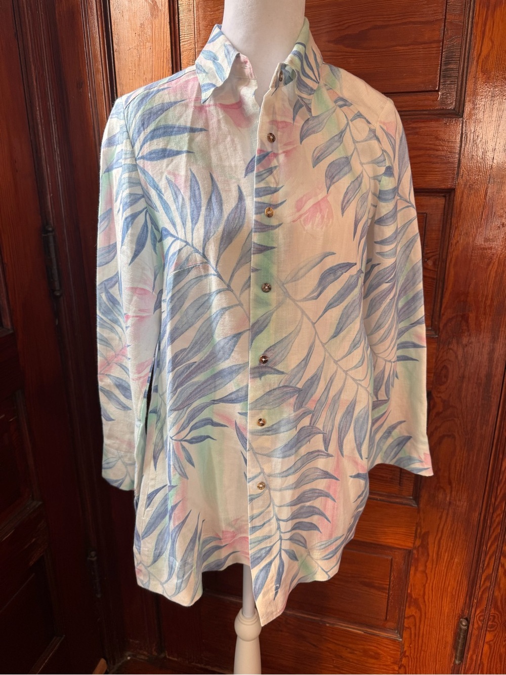 iLinen Lifestyle Pastel Palm Leaf 100% Linen Button Down Shirt Size Small